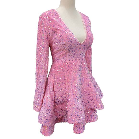 NWT Bubblegum Pink Sequin Short Dress Long Sleeves Open Corset Back - Picture 3 of 10
